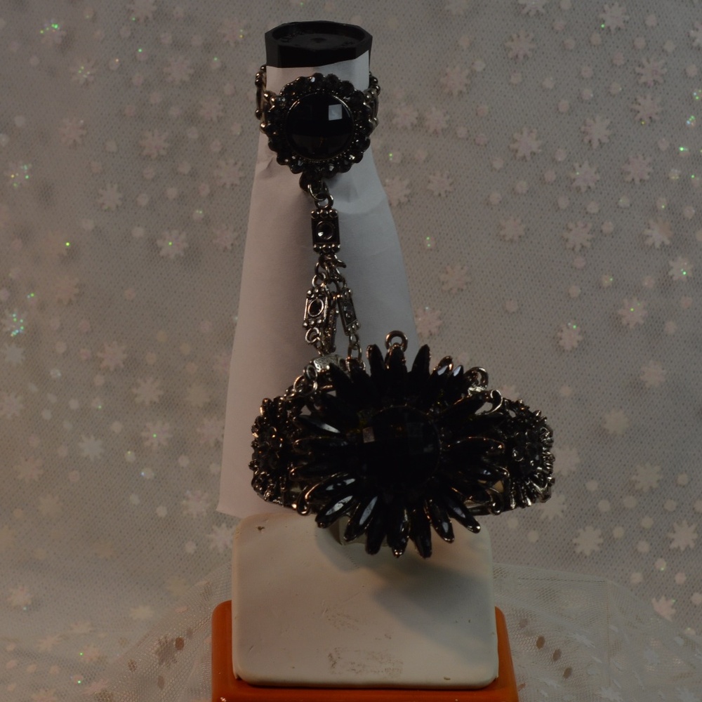 Black Stone Bracelet with attached Ring